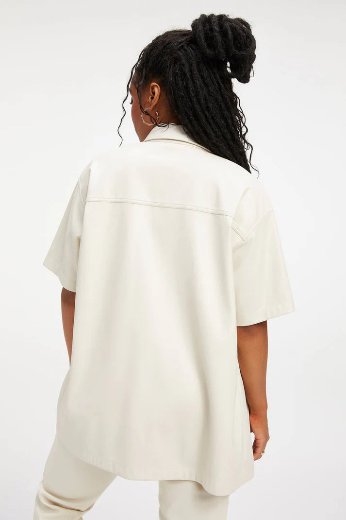 Women’s White Trucker Leather Shirt – Half Sleeves with Modern Fit