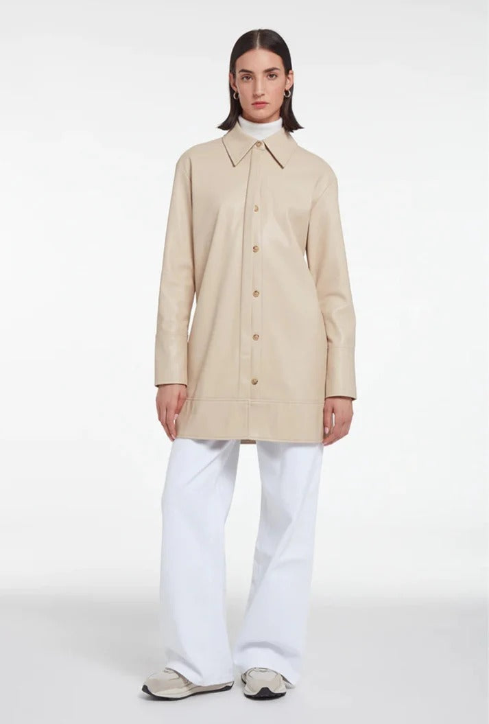 Women’s Beige Long Leather Shirt – Elegant Fit & Timeless Style