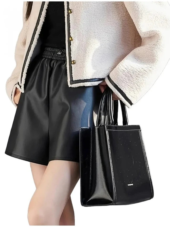 Women’s Black Leather Shorts with Elastic Drawstring Waist – Comfy & Sleek Fit