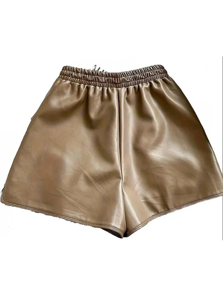 Women’s Brown Leather Shorts with Elastic Drawstring Waist – Comfy & Chic Fit