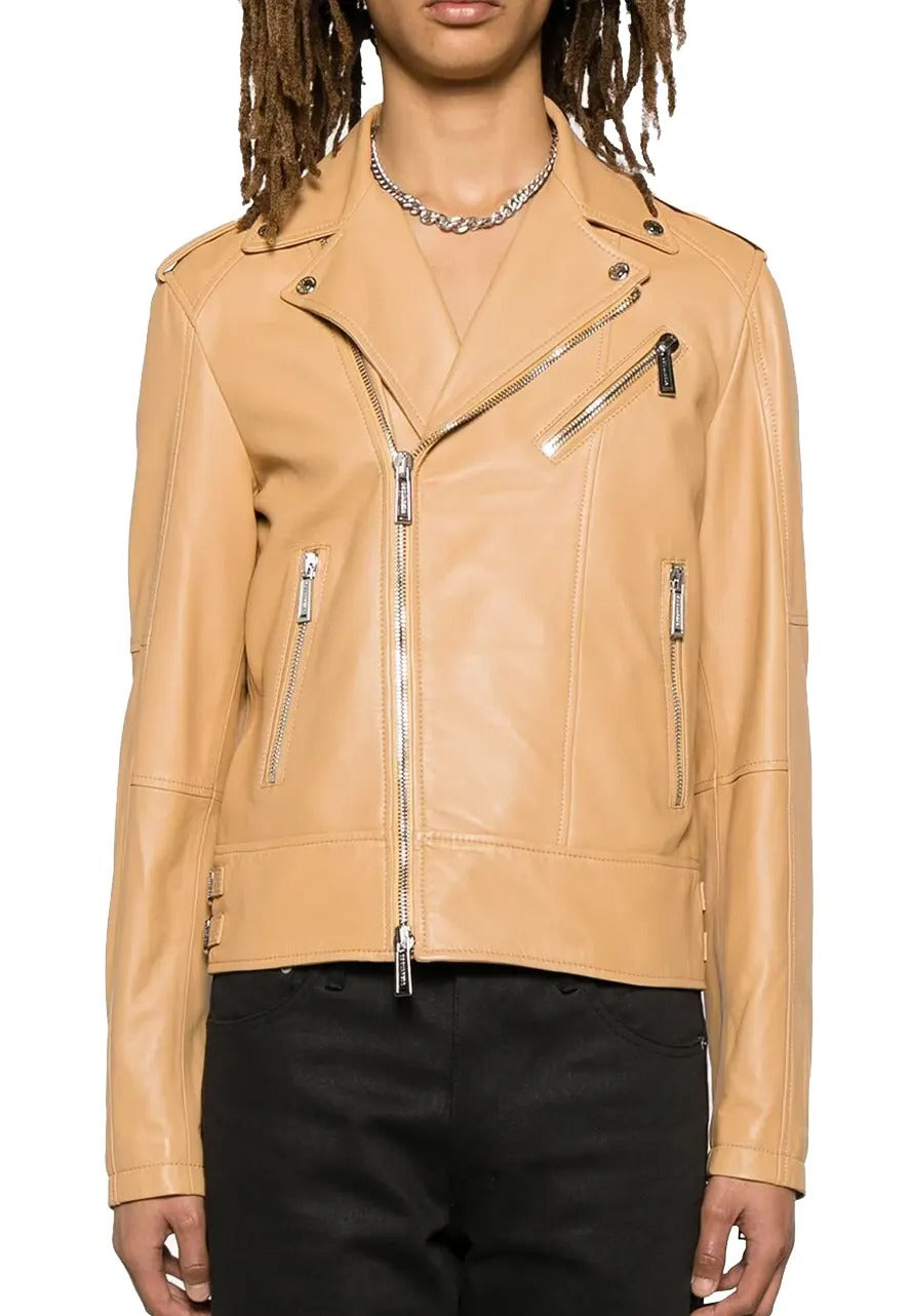 Men’s Beige Leather Biker Jacket – Classic & Versatile