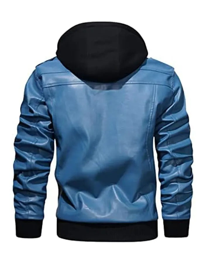 Men’s Blue Leather Jacket with Removable Hood – Stylish & Functional