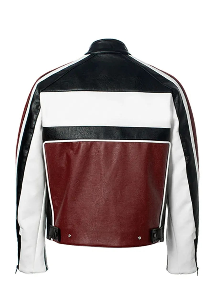 Men’s Burgundy Leather Biker Racing Jacket – Bold & Stylish