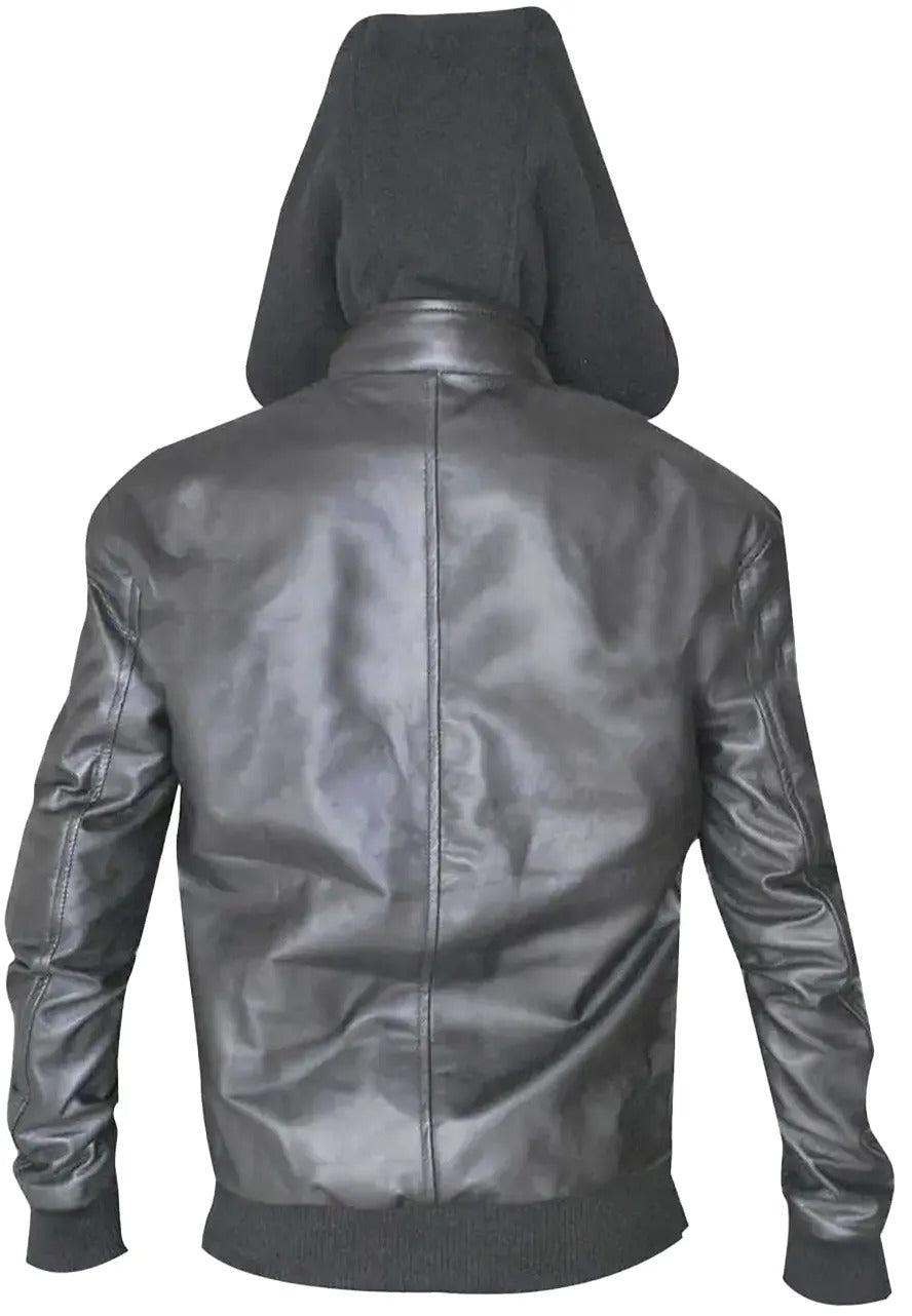Men’s Classic Black Leather Bomber Jacket with Hood – Stylish & Versatile