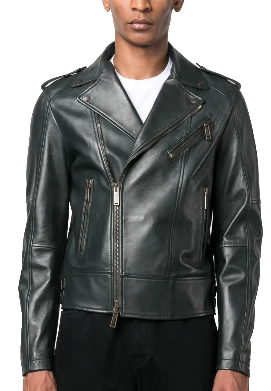 Men’s Dark Green Leather Biker Jacket – Bold & Stylish