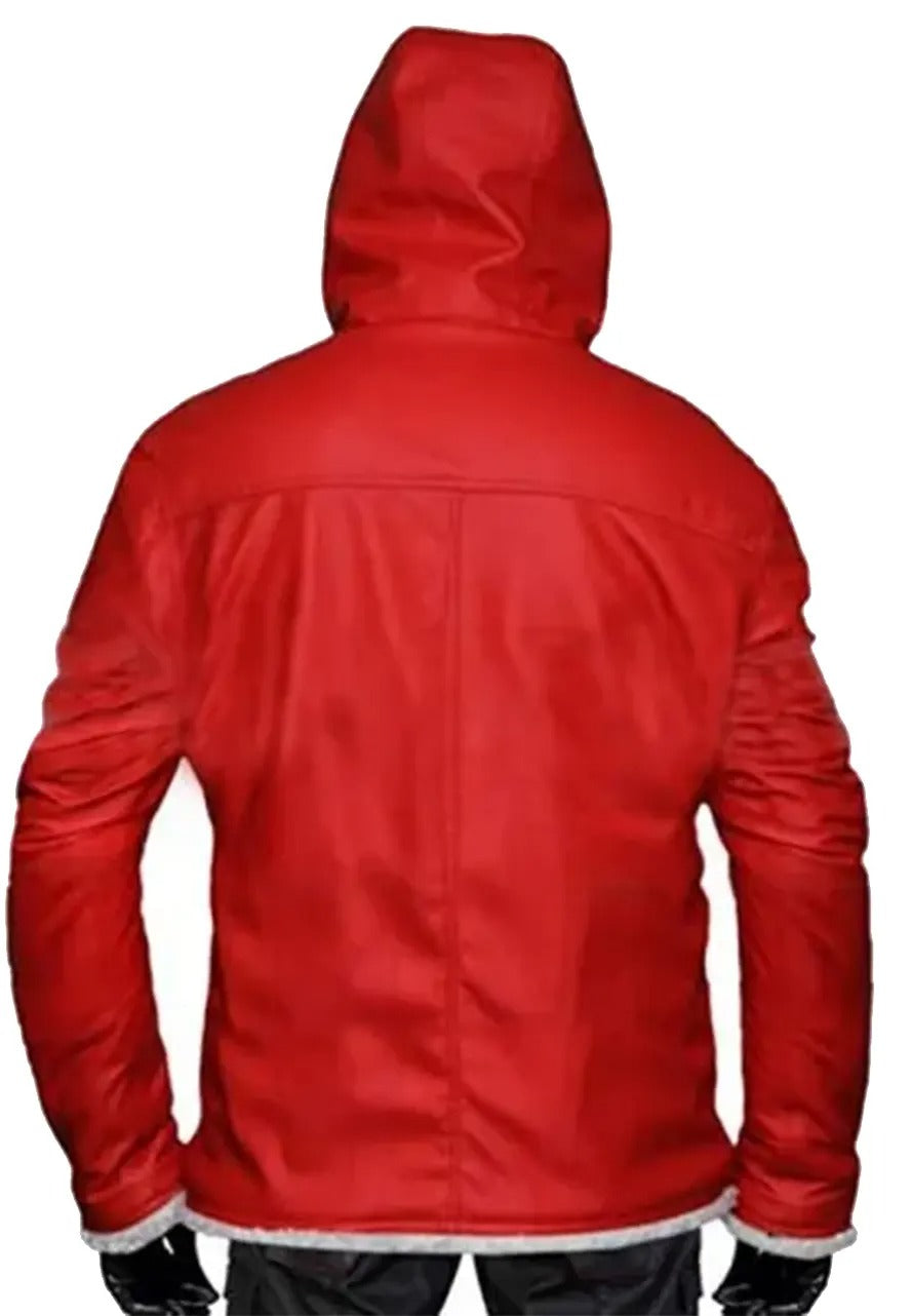 Men’s Red Leather Shearling Jacket with Hood – Stylish & Warm