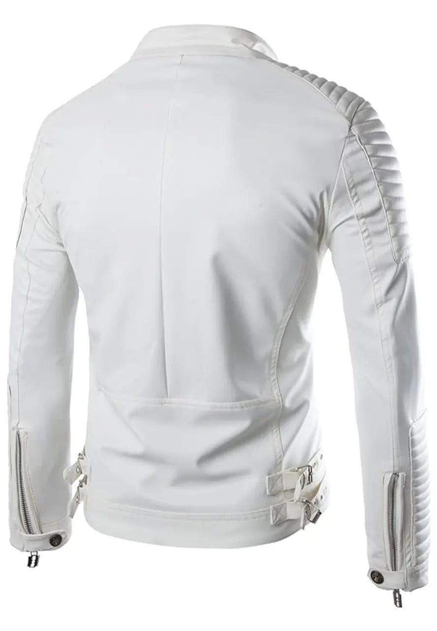 Men’s Slim Fit Zip-Up White Leather Biker Jacket