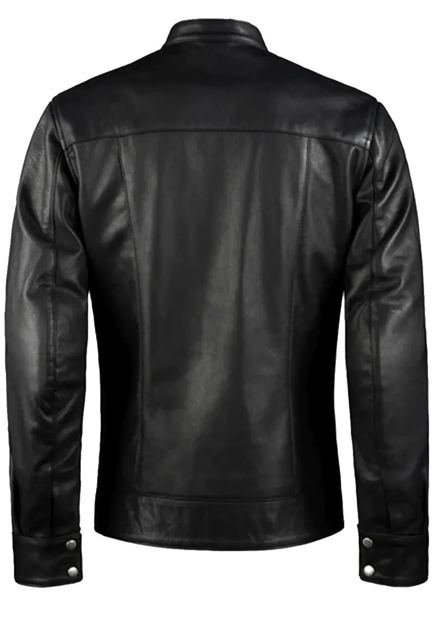 Men’s Vintage Black Leather Biker Jacket with Red Stripe – Classic & Bold