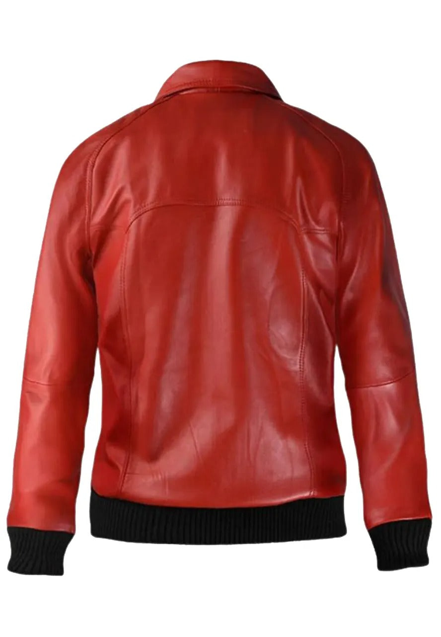 Men’s Vintage Red Leather Bomber Jacket – Classic & Timeless