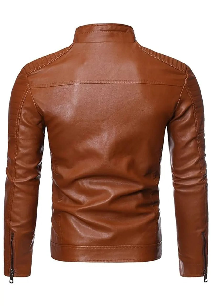 Men’s Vintage Stand Collar Brown Leather Biker Jacket