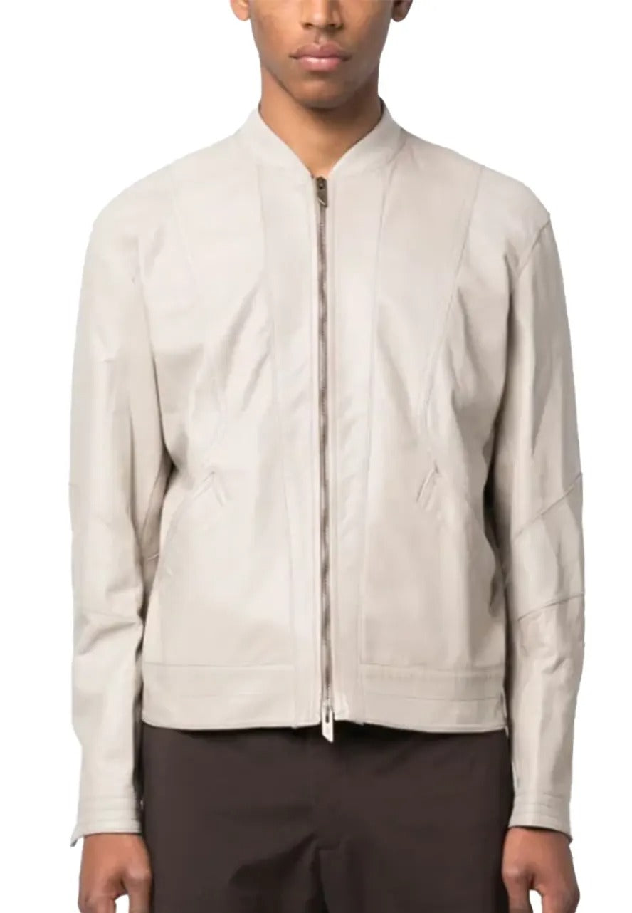 Men’s Light Grey Leather Jacket – Zip-Up, Sleek & Modern