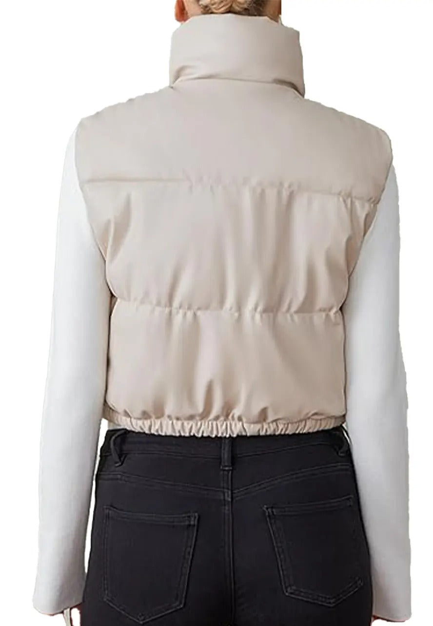 Women's Antique White Leather Padded Down Vest