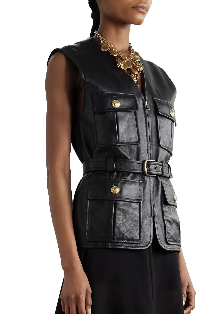 Women's Black Leather Belted Vest – Stylish Moto Biker Vest