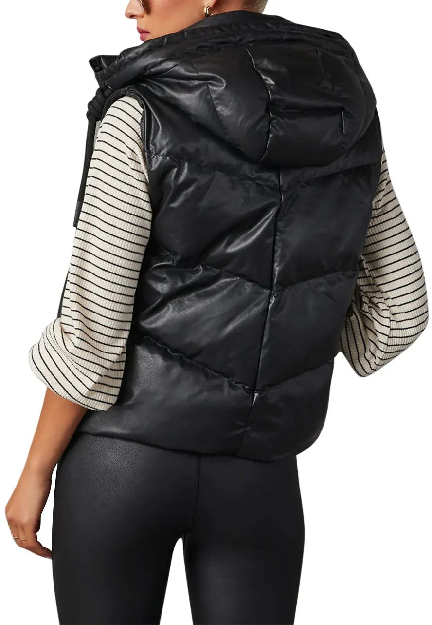 Women's Black Leather Hooded Puffer Vest