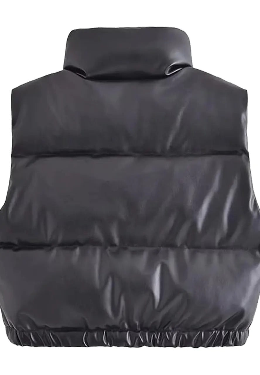 Women's Black Leather Padded Down Vest