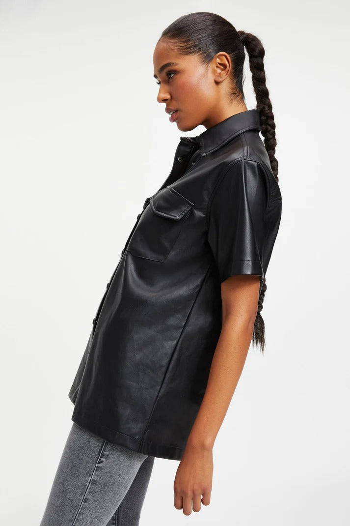 Women’s Black Trucker Leather Shirt – Half Sleeves with Classic Fit