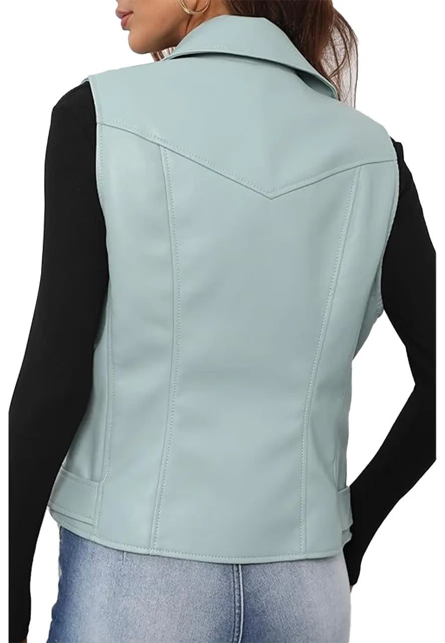 Women's Blue Leather Biker Vest with Belt – Genuine Moto Style
