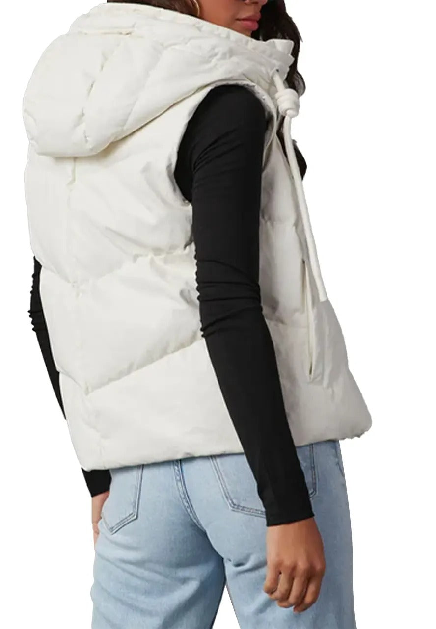 Women's Cream Leather Hooded Puffer Vest