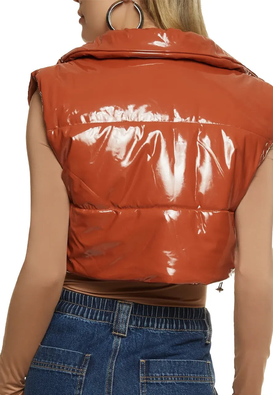 Women's Camel Genuine Leather Puffer Vest