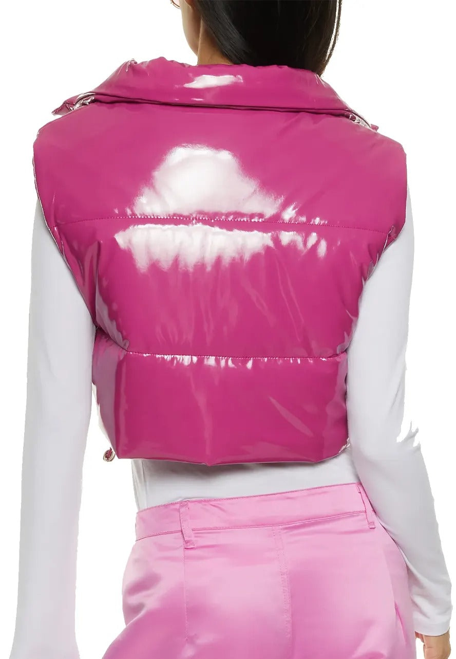 Women's Cropped Magenta Genuine Leather Puffer Vest