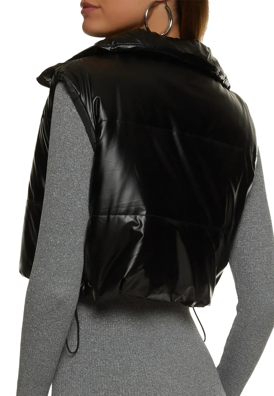 Women's Drawstring Hem Black Genuine Leather Puffer Vest