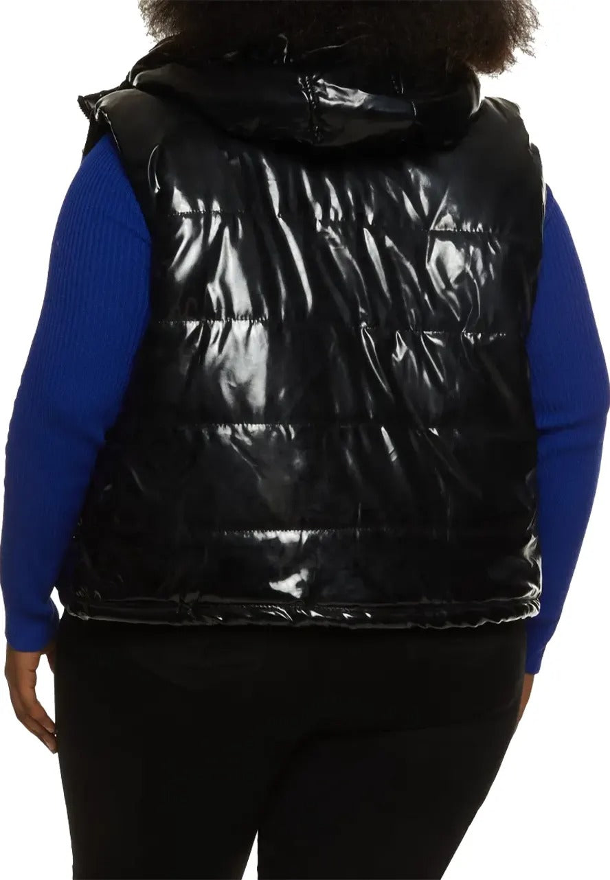 Women's Black and Blue Hooded Leather Puffer Vest