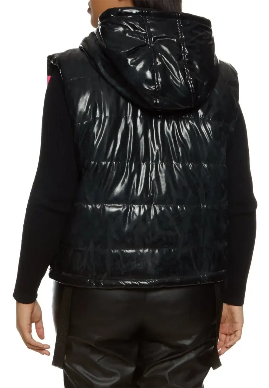Women's Black and Pink Hooded Leather Puffer Vest