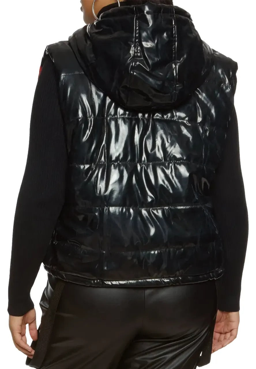 Women's Black and Red Hooded Leather Puffer Vest