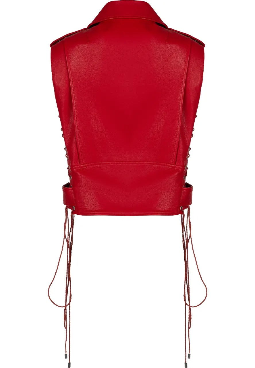 Women's Red Leather Lace-Up Biker Vest