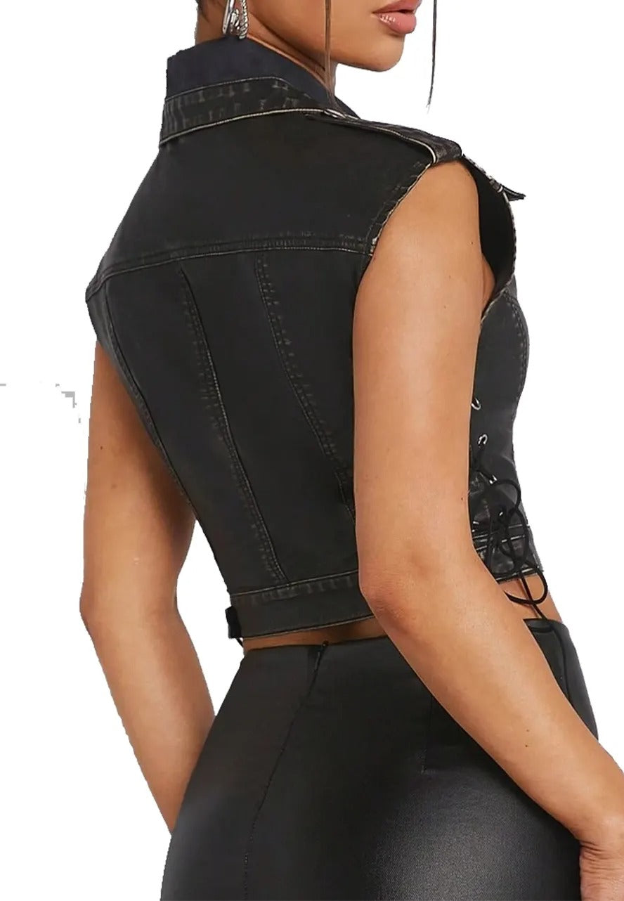 Women's Black Leather Lace-Up Cropped Vest