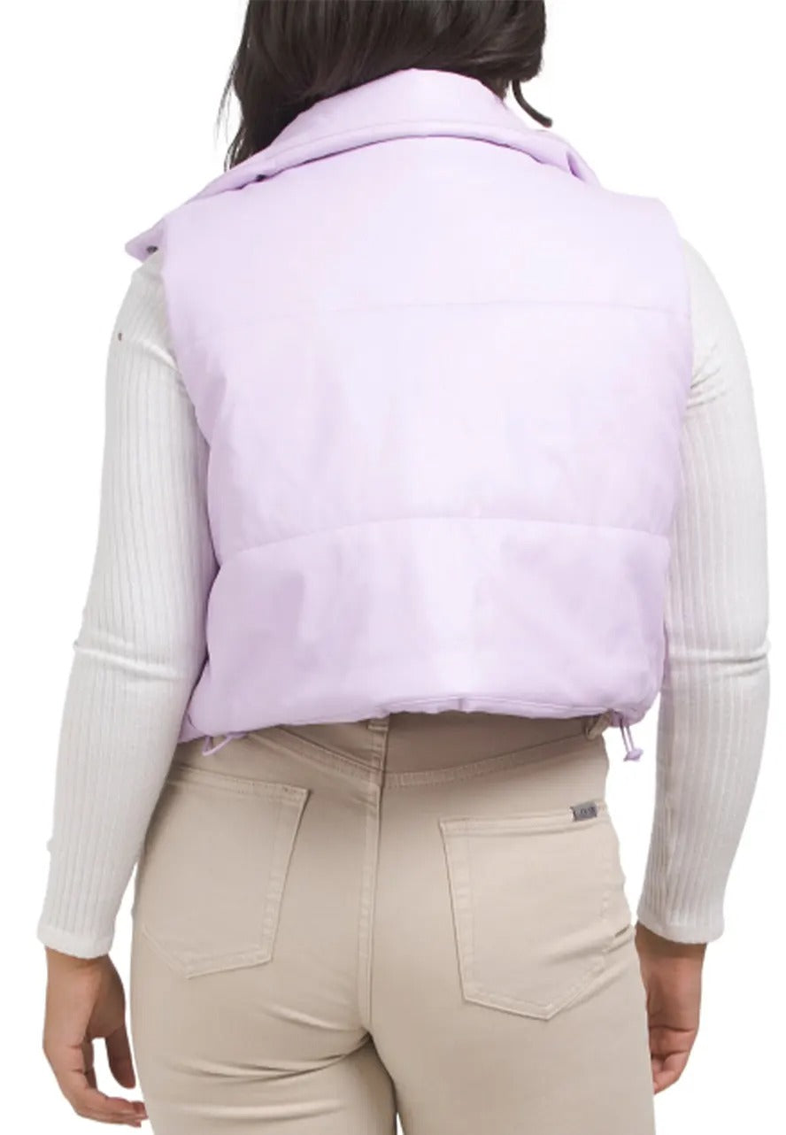 Women's Light Purple Leather Puffer Vest – Cozy & Stylish