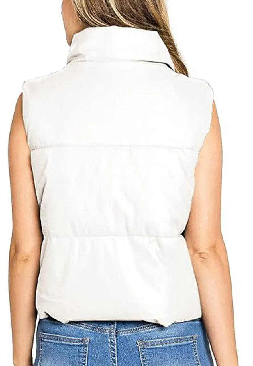 Women's Off White Genuine Leather Puffer Vest