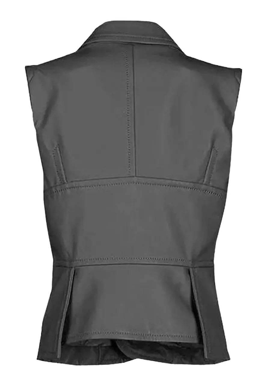 Women's Grey Leather Vest with One-Button Closure