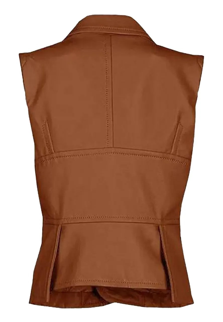 Women's Tan Leather Vest with One-Button Closure