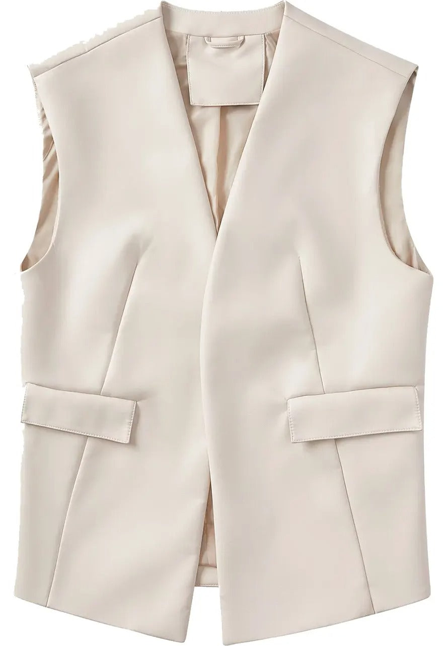 Women's Open Front Beige Genuine Leather Vest