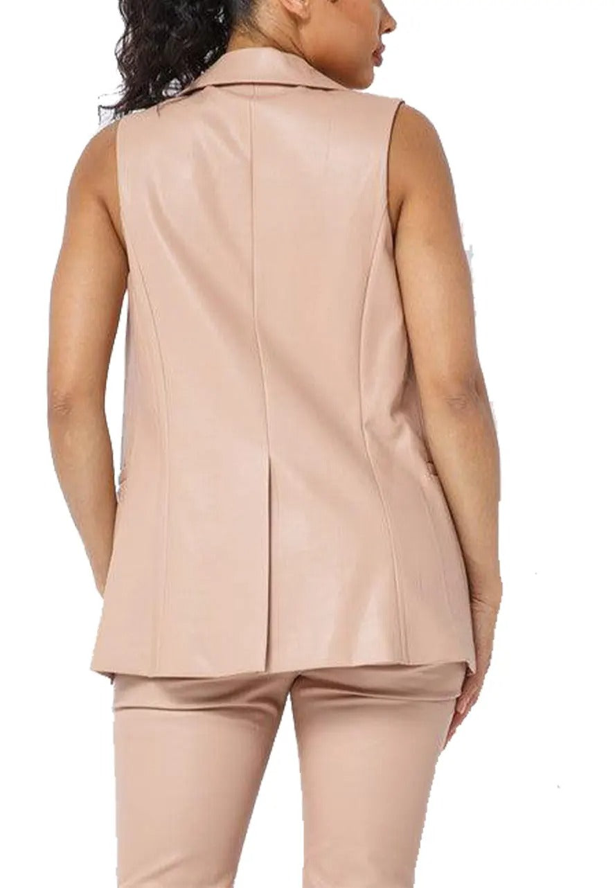 Women's Rose Pink Leather Open-Front Vest – Stylish & Chic