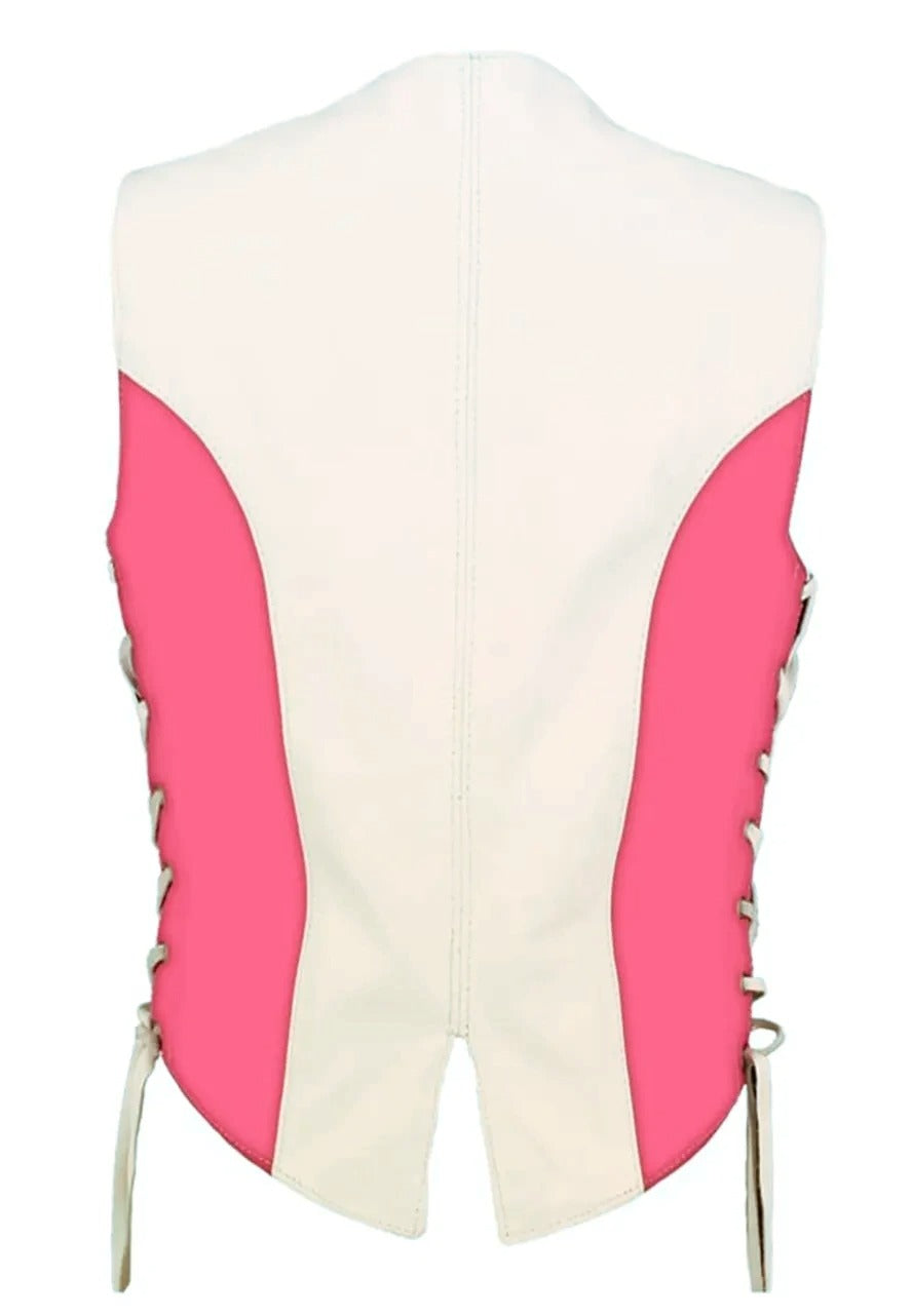 Women's Pink and White Leather Biker Vest – Trendy Moto Vest