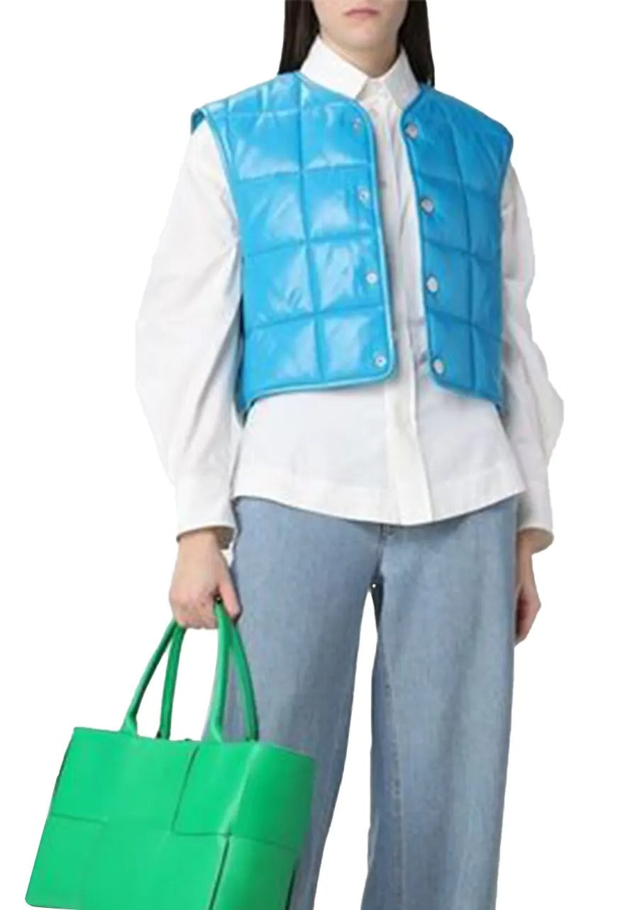 Women's Quilted Blue Leather Vest – Stylish & Versatile