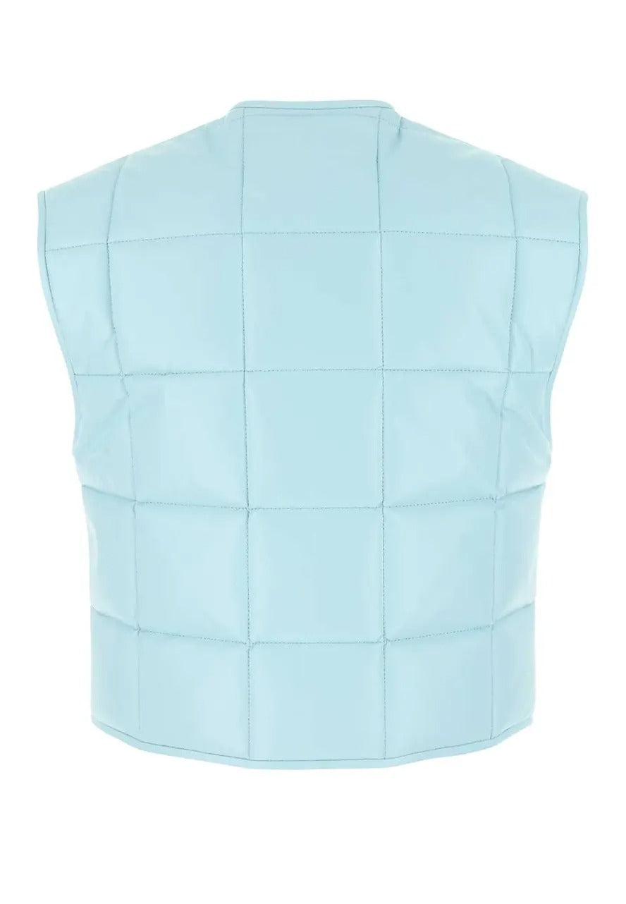 Women's Quilted Light Blue Leather Vest – Trendy & Elegant