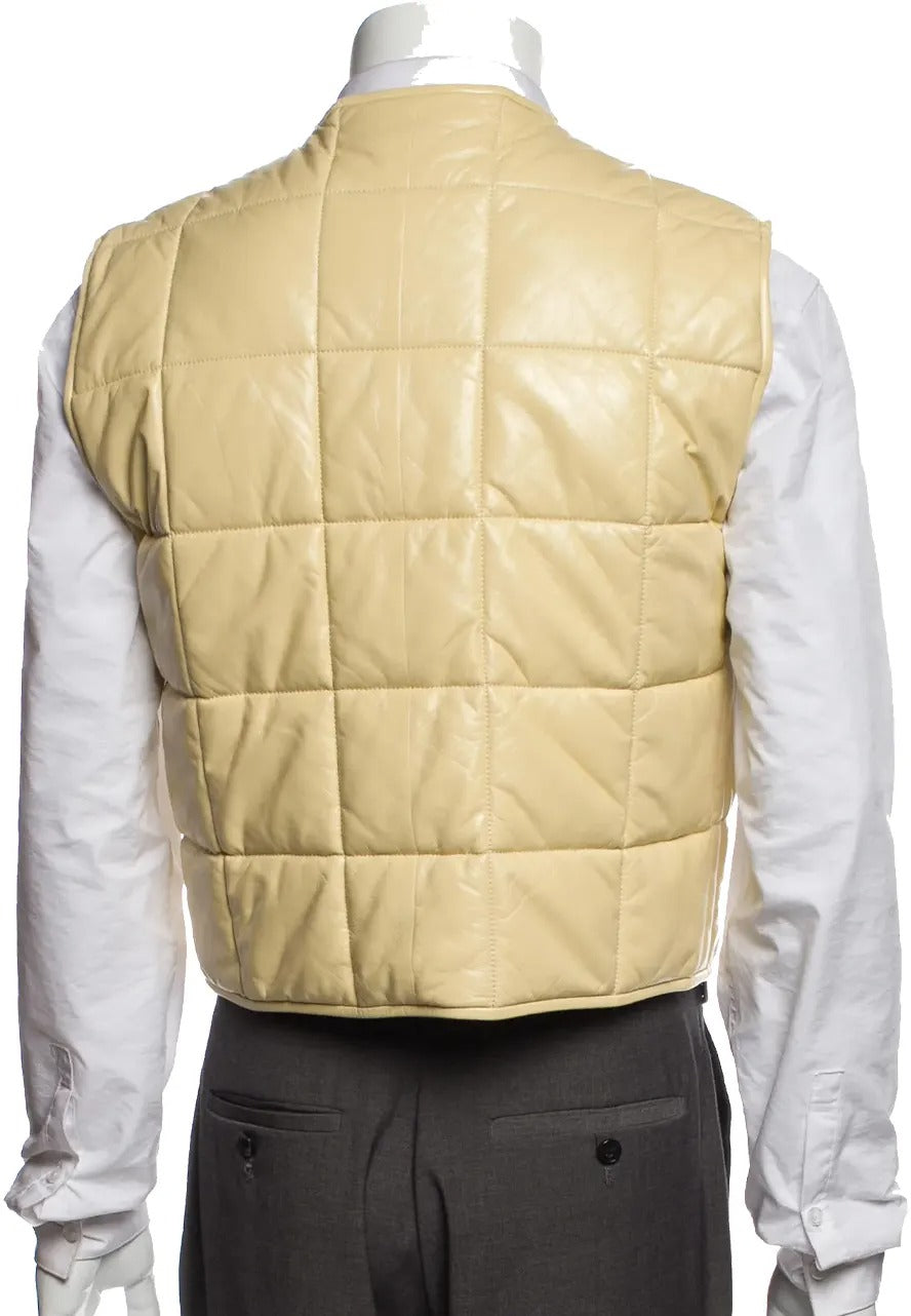 Women's Quilted Light Yellow Leather Vest – Stylish & Trendy