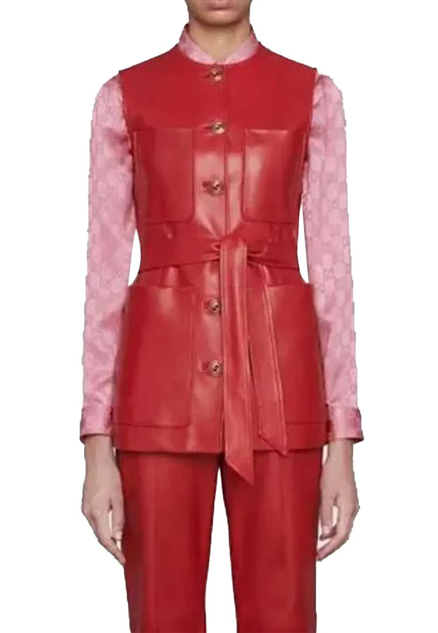 Women's Elegant Red Leather Long Vest