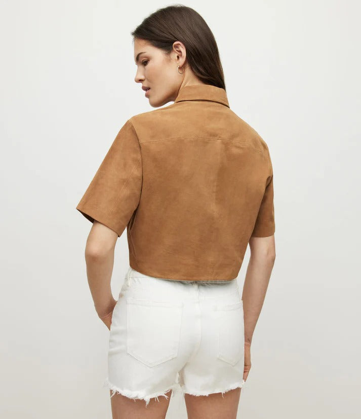 Women's Brown Cropped Suede Leather Shirt with Trendy Fit