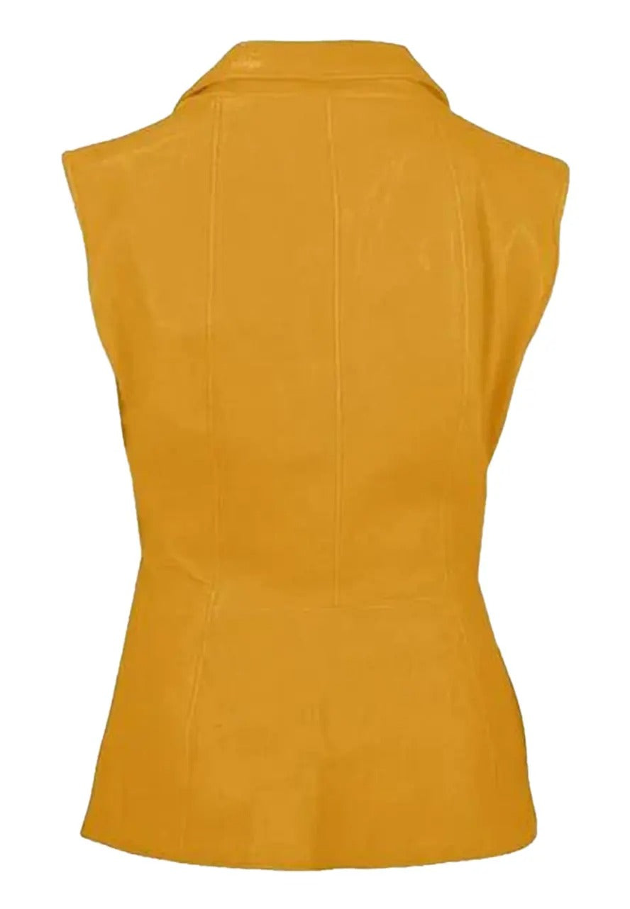 Women's Stylish Three-Button Yellow Leather Vest