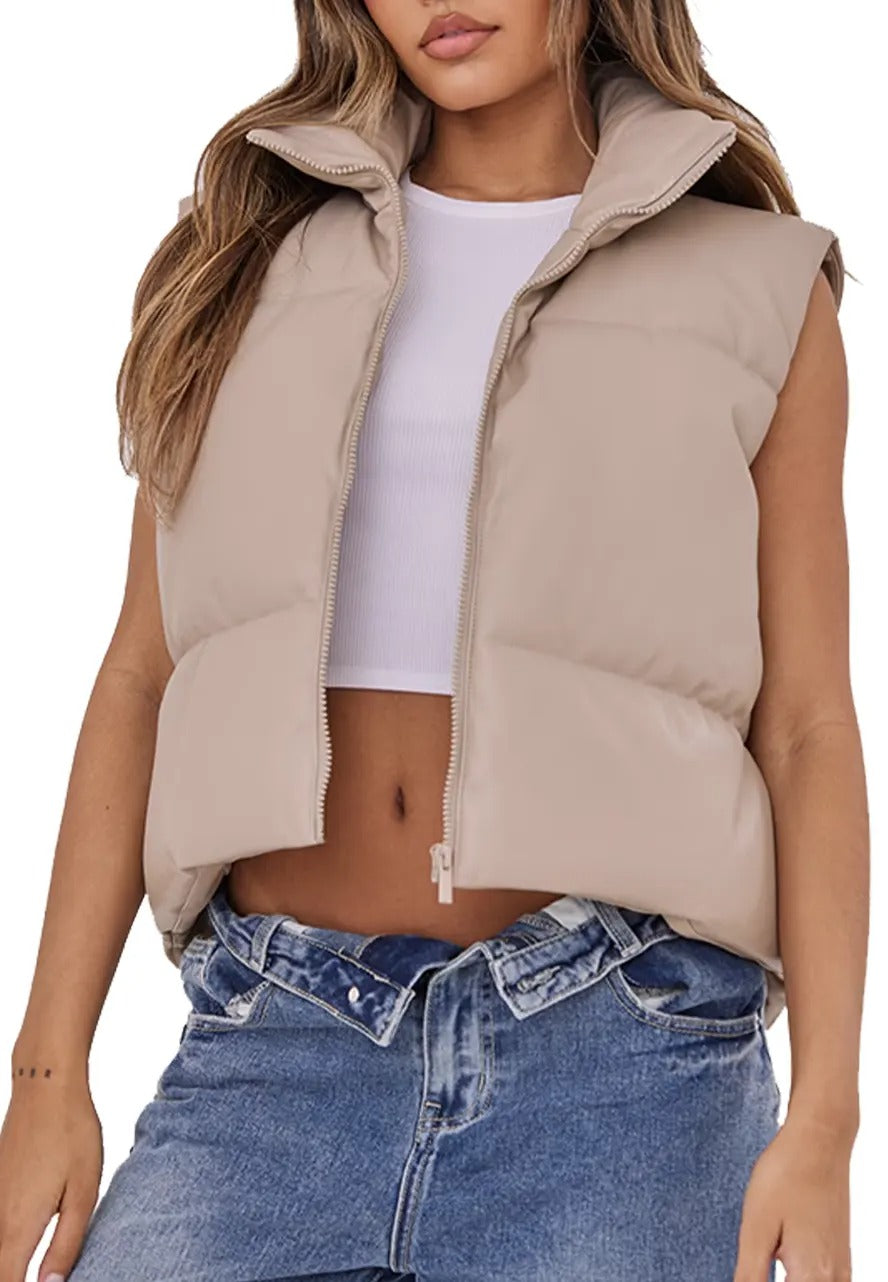 Women's Truffle Brown Genuine Leather Puffer Vest