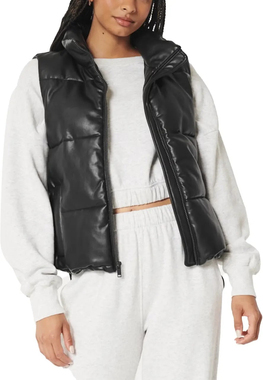 Women's Black Leather Puffer Vest – Ultimate Warm & Stylish Vest