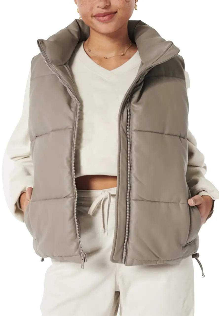 Women's Taupe Leather Puffer Vest – Ultimate Warm & Stylish Vest