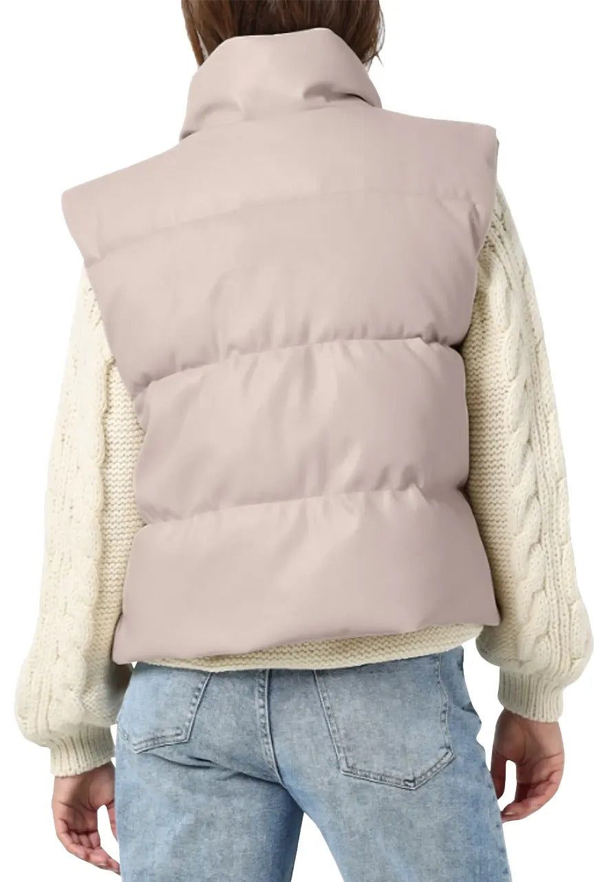 Women's Whisper Pink Genuine Leather Puffer Vest