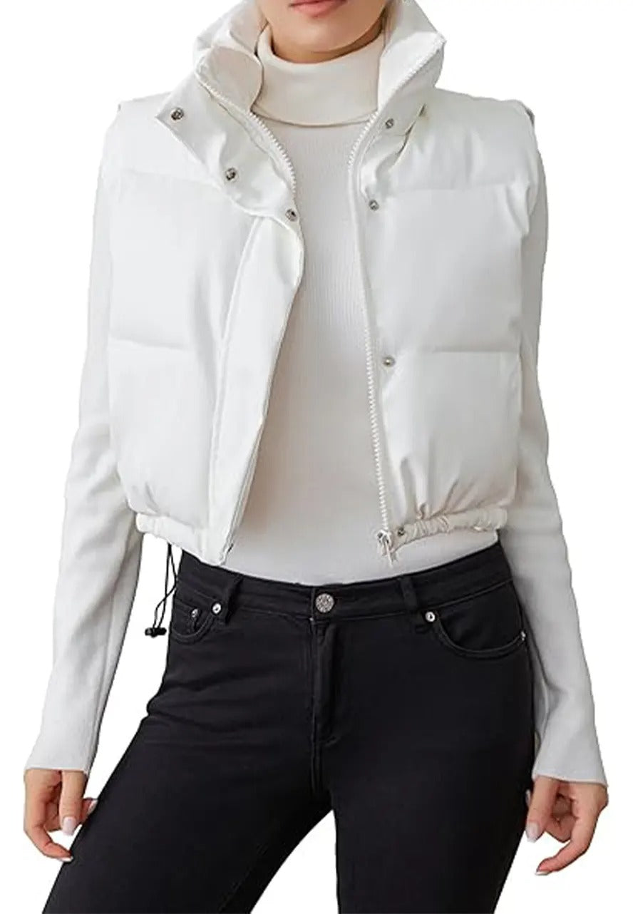 Women's White Leather Padded Down Vest