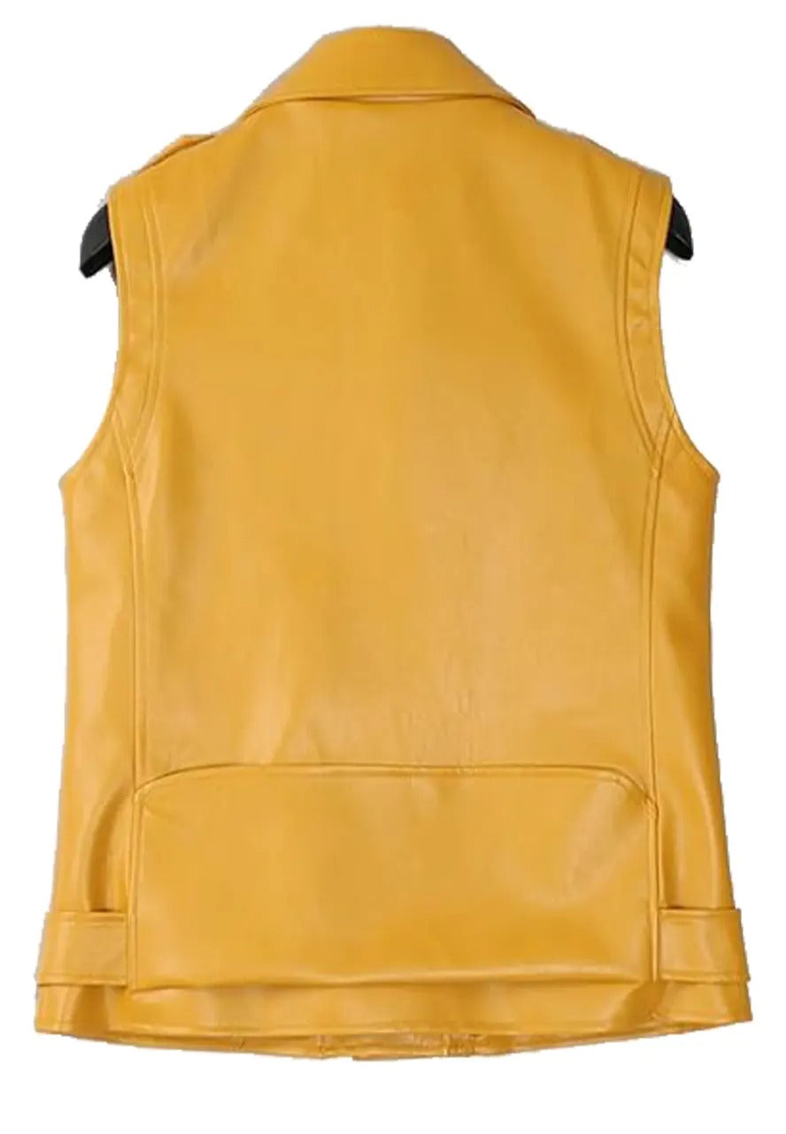 Women's Yellow Leather Biker Vest with Belt