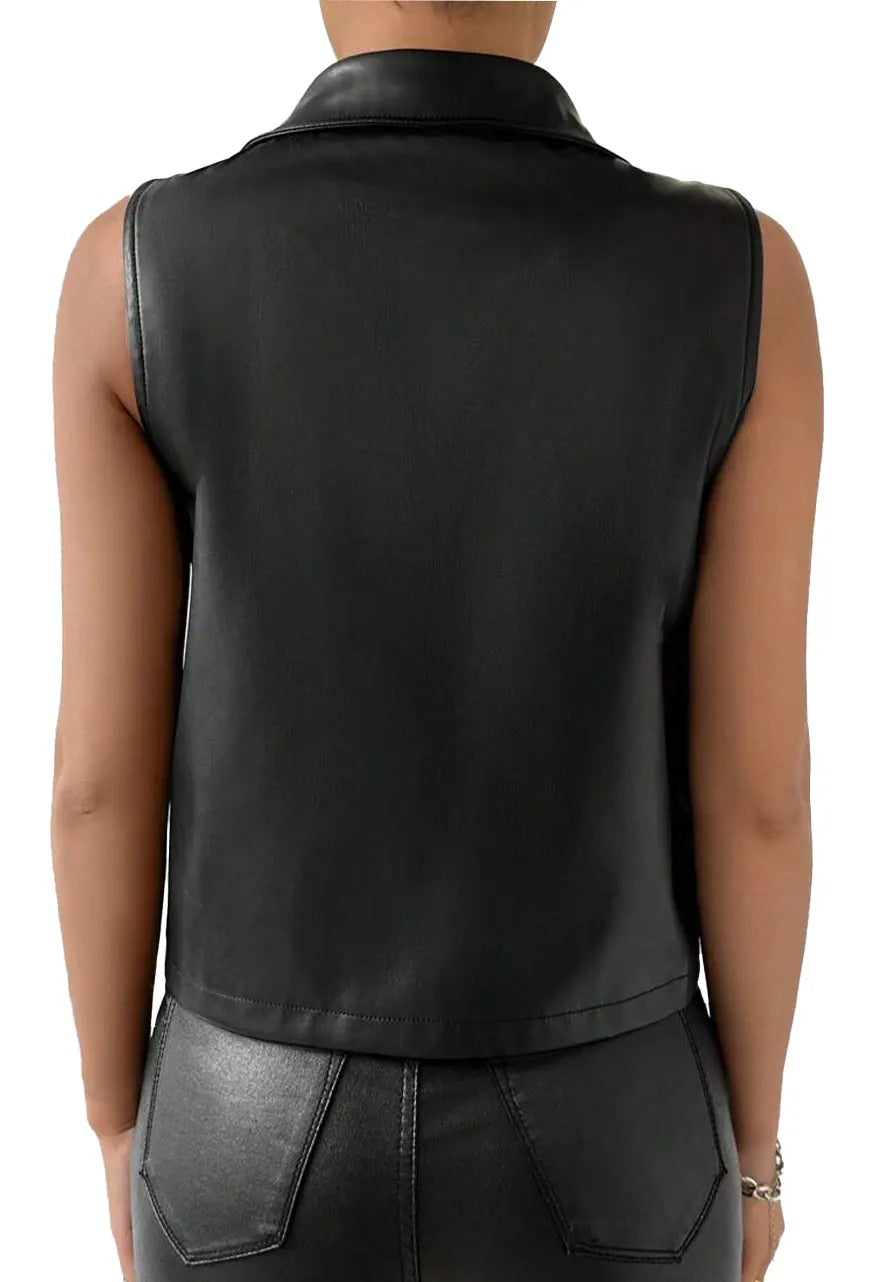 Women's Black Leather Vest with Zipper Front